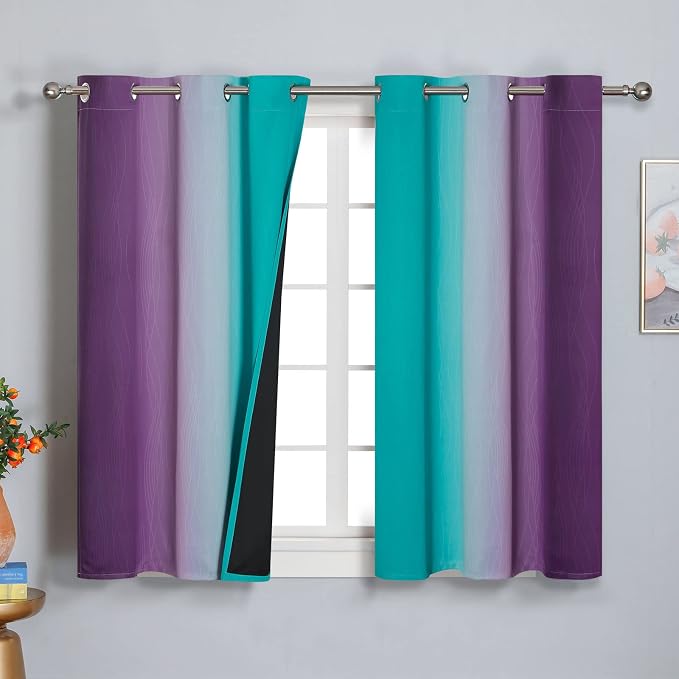 Estelar Textiler Ombre Teal and Purple Blackout Curtains 2 Panels, Grommet Thermal Insulated Gradient Drapes for Kids Room Bedroom, 42x45 Inch