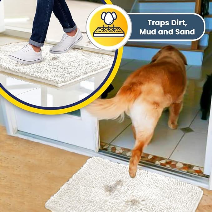 Muddy Mat® | Super Water Absorbent Door Mat Indoor, Microfiber Quick Dry Chenille Entryway Rug, Slip Resistant Front Door Mat, Indoor Mats for Entryway, Machine Washable Pet Rug, White 36" x 120"