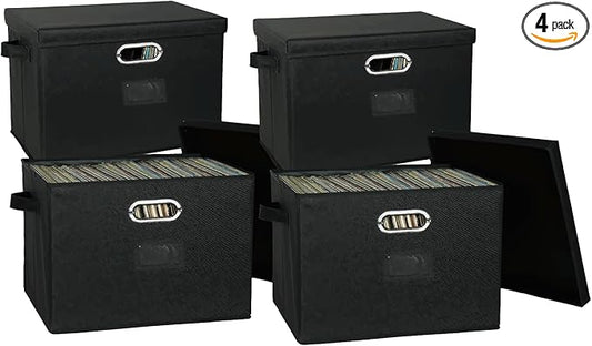 12-Inch Vinyl Record Storage Boxes with Lids and Handles, Stylish and Practical LP Record Organizer for 100+ Single Records, Suitable for Living Room, Study, Concert Hall or Office,4-Pack