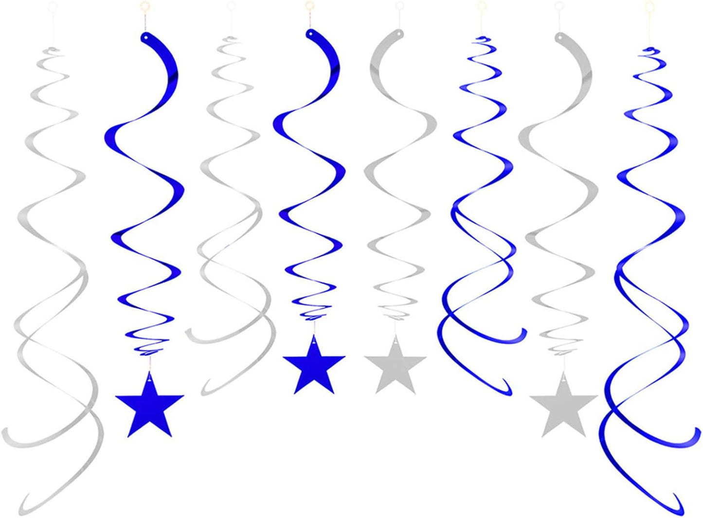 Party Star Swirl Decorations, Blue and Silver Foil Ceiling Hanging Star Swirl Decorations, Whirls Decorations for Birthday | Wedding | Anniversary | Graduation Party, Pack of 30