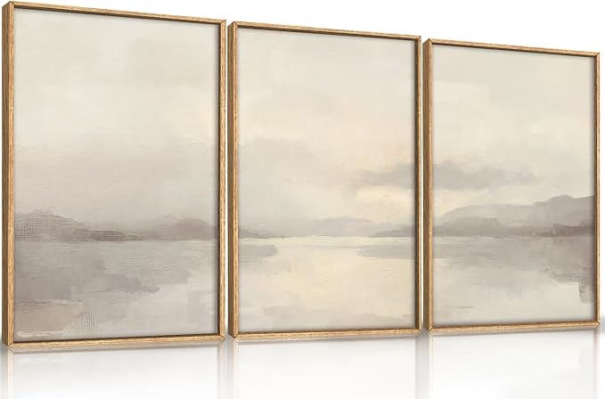 LHIUEM Large Abstract Neutral Beige Pastel Framed Canvas Wall Art,Modern Watercolor Lakes Wall Decor,Nature Mountain Minimalist Artwork for Living Room,Bedroom,Dining Room,Office -24"x36"x3