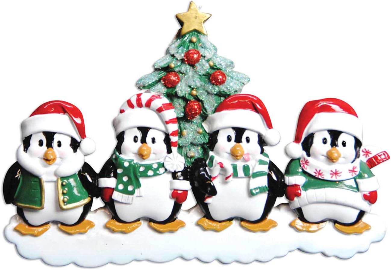 3D Penguins Family of 4 Christmas Ornament 2025 Personalized Family Christmas Ornaments 2025 | Winter Snow Penguins Personalized Tree Ornaments Customizable Gifts of Santa Hat Penguin of Four Ornament