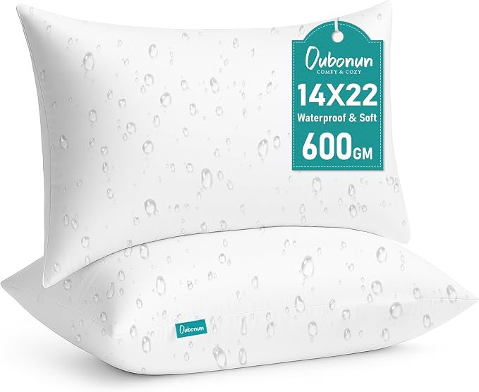 Oubonun 14x22 Waterproof Outdoor Pillow Inserts – Set of 2 Firm & Fluffy, Water Resistant Throw Pillows for Patio, Garden, Porch, or Indoor Decorative