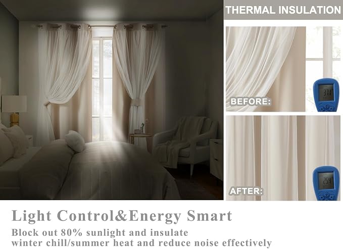 Bujasso Beige 80% Blackout Curtains with Sheer Overlay Mix and Match Double Layer Thermal Insulated Window Panels 84 inch for Living Room Bedroom Beige Drapes with Tiebacks Grommet Top 54" Wx84 Lx2