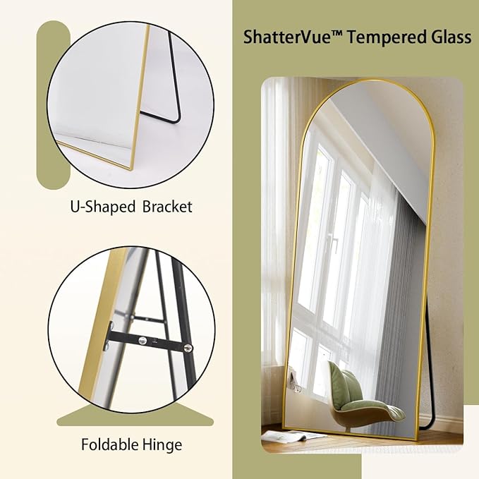 BEAUTYPEAK 71"x26" Full Length Mirror, Arch Full Body Floor Mirror, Wall Mirrors Hanging or Leaning Arched-Top with Stand for Bedroom, Dressing Room, Living Room, Gold