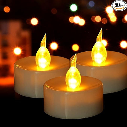 Battery Tea Lights, 50 Pack LED Tea Light Candles 100 Hours Realistic Flickering Bulb Battery Operated Tea Lights for Seasonal Festival Celebration Electric Fake Candle in Warm Yellow