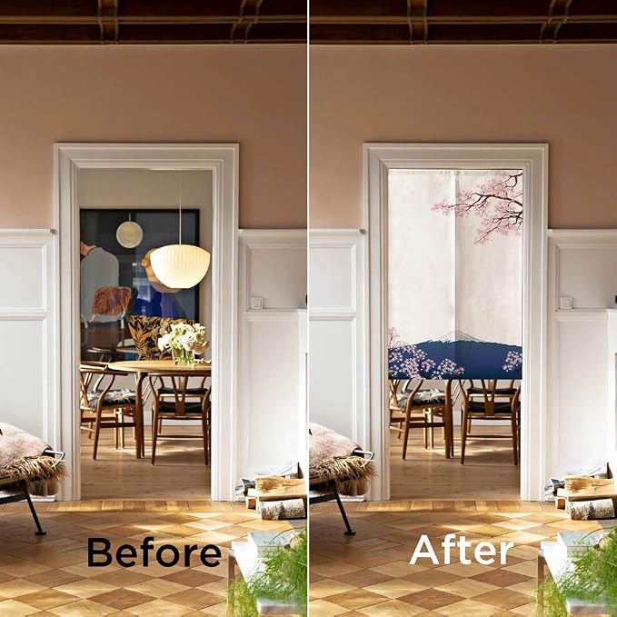 Ofat Home Mount Fuji & Cherry Blossom Noren, 33.5" x 59" | Japanese-style sakura and Mount Fuji doorway curtain, lightweight fabric for hallway, apartment or bedroom decor