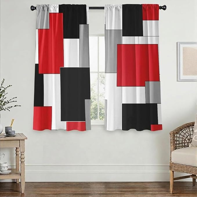 Black and Red Curtains for Living Room 63 Inch Length Geometry Curtains Modern White Grey Abstract Rod Pocket Curtain for Bedroom Kitchen Room Window Drapes 2 Panels