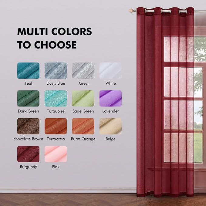 MIULEE 2 Panels Burgundy Red Semi Sheer Window Curtains Elegant Christmas Decor Grommet Top Voile Drapes Window Treatment Linen Textured Panels for Bedroom Living Room (54X72 inch Length)