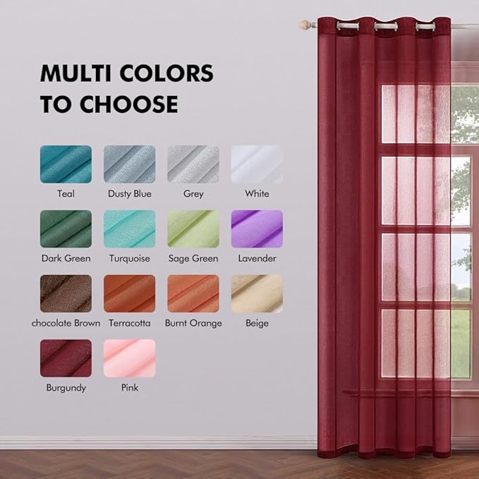 MIULEE 2 Panels Burgundy Red Semi Sheer Window Curtains Elegant Christmas Decor Grommet Top Voile Drapes Window Treatment Linen Textured Panels for Bedroom Living Room (54X84 inch Length)