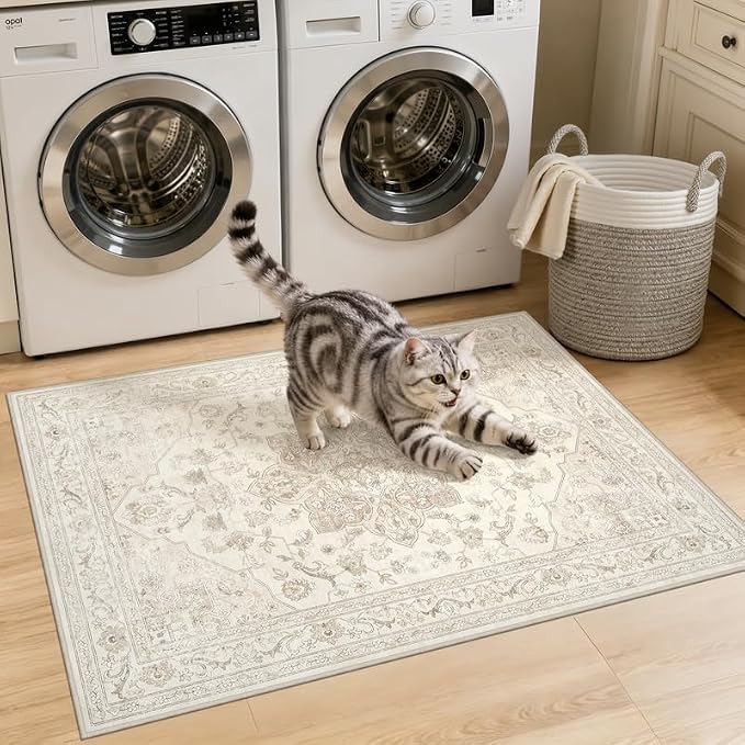 Machine Washable Area Rugs 2x3: Vintage Boho Neutral Washable Rug Indoor Soft Small Entryway Throw Carpet for Living Room Bedroom Kitchen Laundry Floor Non-Slip Low Pile Entrance Rug Beige White