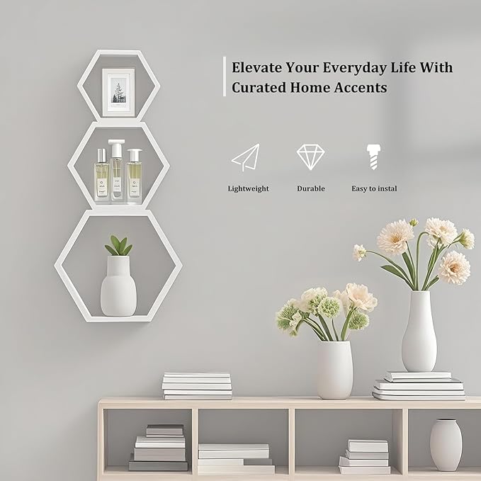 ZGZD Set of 3 White Wooden Hexagon Wall Shelves - Modern Decorative Storage for Home, Kitchen, Office – Stylish Floating Shelves for Small Plants, Books, and Decor