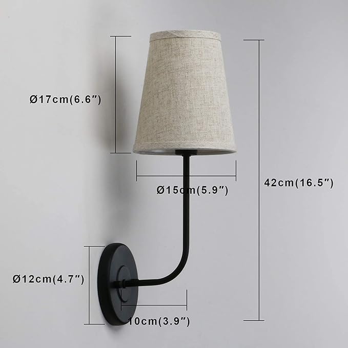 PERMO Rustic Vintage Wall Sconce Set of 2 Single Sconce Light with Flared Funnel Linen Fabric Shade Nightstand Lamps for Bedrooms Bedside Reading Living Room (Matt Black)