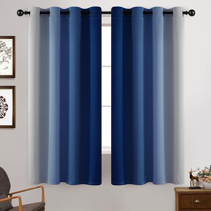 Yakamok Ombre Curtains Royal Blue and Greyish White for Living Room,52Wx63L | Room Darkening Curtains 63,Thermal Insulated Gradient Color Drape,Light Blocking Grommet Window Curtains for Bedroom,2 Panels