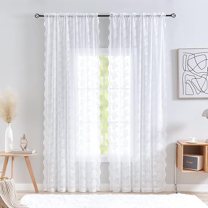 YJ YANJUN Vintage Lace Curtains 63 Inches Length- Elegance Floral White Sheer Curtain Panels for Living Room Bedroom, Rod Pocket Light Filtering, Country Cottage Core Drapes 2 Panels 52W x 63L