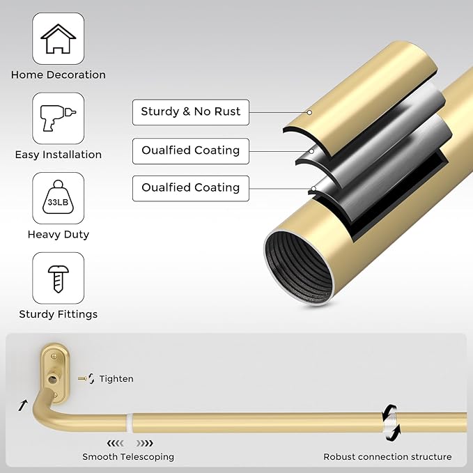 Wrap Around Curtain Rods Gold, Blackout Heavy Duty Curtain Pole for Windows 66 to 120 Inch, 1" Decorative Room Darkening Curved Modern Drapery Rod (Gold/Unique Design/All Metal)
