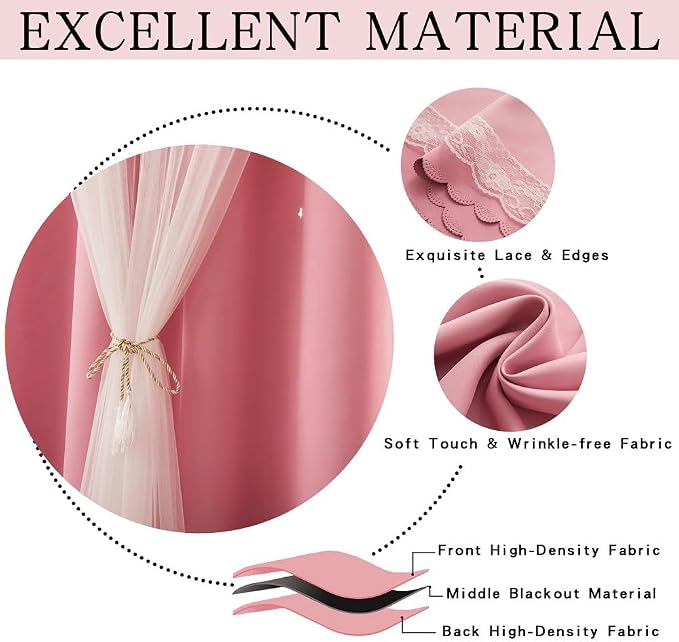 Pink Curtains Cute Blackout Curtains for Girls Room 54 Inches Short 2 Panels Star Cutout Nursery Curtains & Drapes Double Layer with Lace Bedroom Decor Window Treatments 54 Inch Length