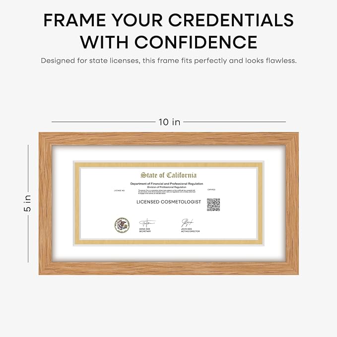Homeforia 5x10 Business License Frame Wood, High End Natural Oak 5 x 10 Document Certificate Frames with Mat 4x9 inch, 10x5 Light Wooden Frames for Wall or Tabletop, Tempered Glass, Wall Kit, Set of 2