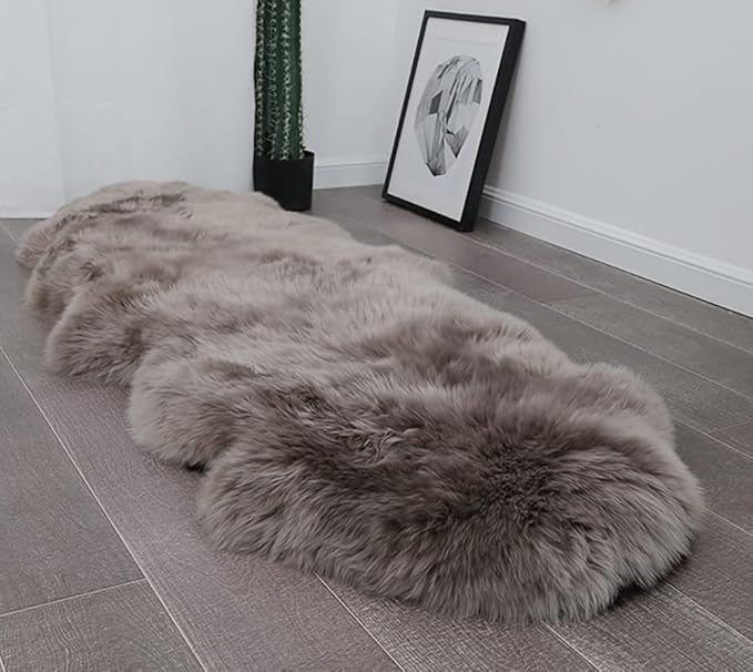 HUAHOO Premium Genuine Sheepskin Rug Camel Real Australia Sheepskin Natural Lambskin Fur Area Rug Seat Covers for Kids Bedroom Sofa Chair Cover Pets Dogs Mat Double Pelt/2' x 6' Mushroom