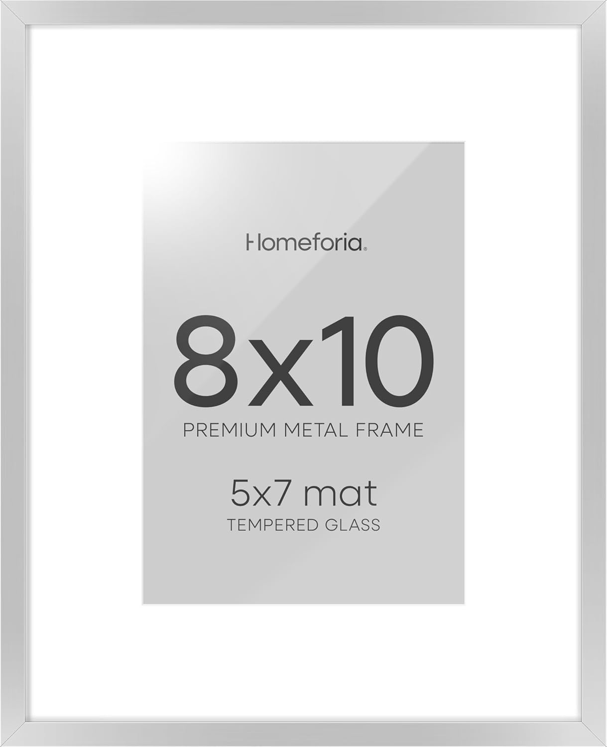 Homeforia Silver Picture Frame 8x10, High End Metal 8 x 10 Photo Frames with Mat 5 by 7 Art, 10x8 Thin Frame Matted to 5x7 inch Print, 10by8 Wall or Tabletop Frames, Tempered Glass, Wall Kit, Set of 1