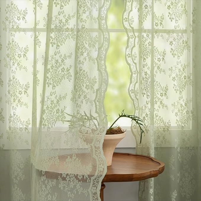 YJ YANJUN Vintage Lace Curtains 63 Inch Length-Elegant Floral Sage Green Sheer Curtain Panels for Living Room Bedroom, Light Filtering Embroiderd, Summer Easter Cottage Core Decor 2 Panels 52W x 63L