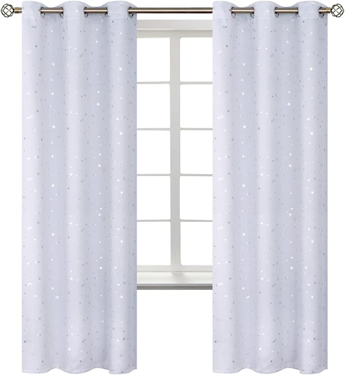 BGment Kids Room Curtains for Bedroom - Grommet Thermal Insulated Silver Star Print Room Darkening Curtains for Living Room, Set of 2 Panels, 42 x 72 Inch, Greyish White