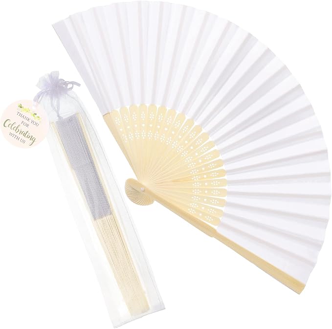 Cosweet 60 Set Wedding Hand Fans with Thank You Tags & Organza Bags, White Paper Fans Bulk Bamboo Decorative Folding Fans for Wedding Guests Party Favors Bridal Shower Church Decoration