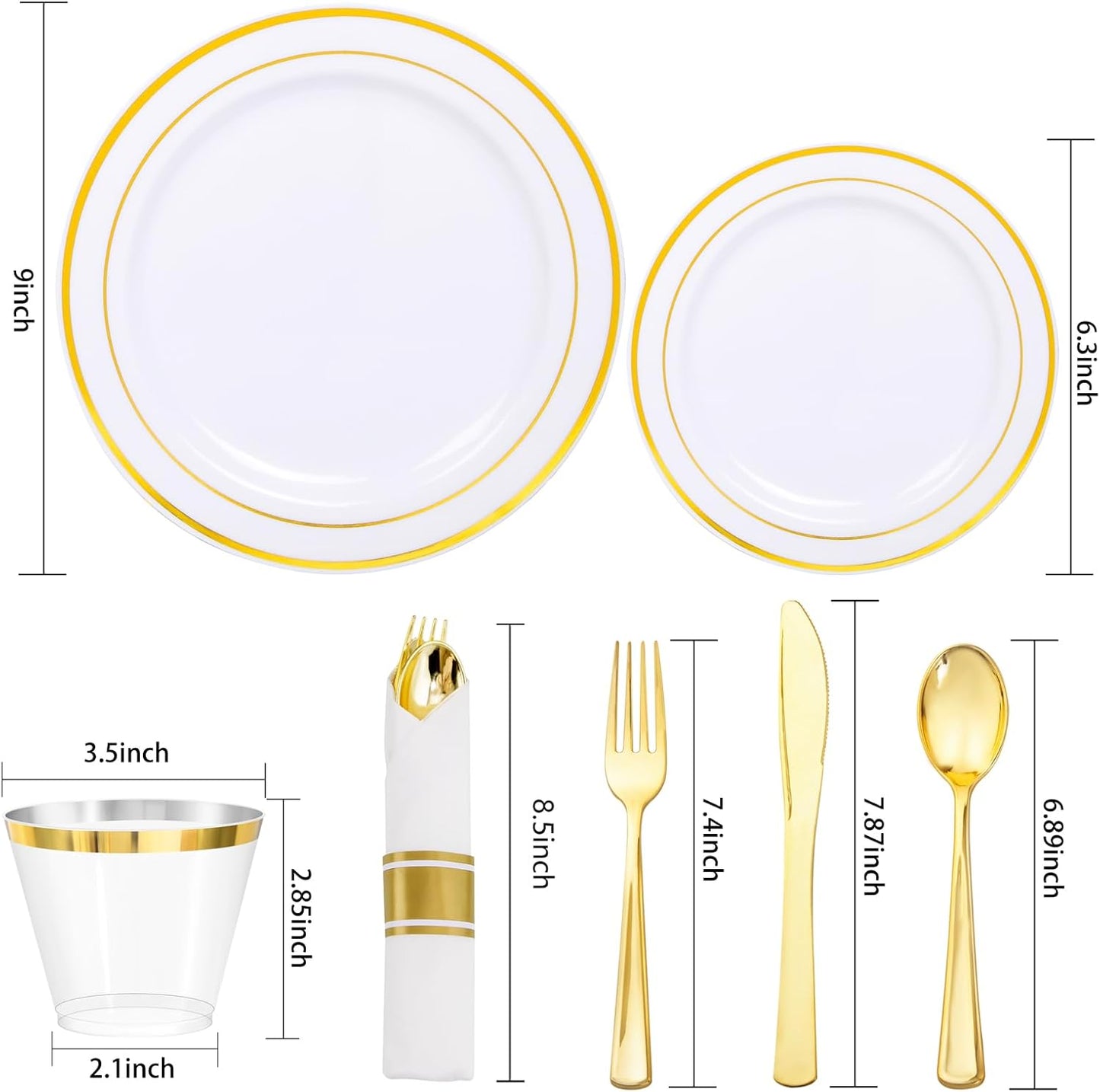 350Piece Gold Dinnerware Set for 50 Guests - Gold Plastic Plates with Disposable Cutlery Include:50Dinner Plates-50Dessert Plates-50Pre Rolled Napkins with Silverware for Thanksgiving