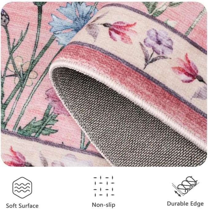 8x10 Area Rugs, Machine Washable Low Pile Floral Rugs for Living Room, Bedroom, Large Area Rug with Non-Slip Backing for Dining Room(Pink)