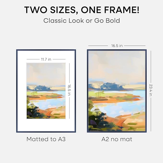 Homeforia A2 Poster Frame Navy Blue, High End Metal A2 Picture Frame Navy Blue with Mat A3 for Print, 16.5x23.4 Frame Matted to 11.7x16.5 Photo, 16.5 by 23.5 Frames, Tempered Glass, Wall Kit, Set of 1