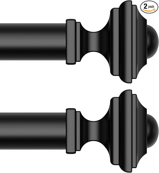 2 Pack Black Curtain Rod for Windows 36-88 Inches, 1 Inch Heavy Duty Adjustable Drapery Pole, Modern Window Treatment Rod with Decorative Square Finials, Easy Installation