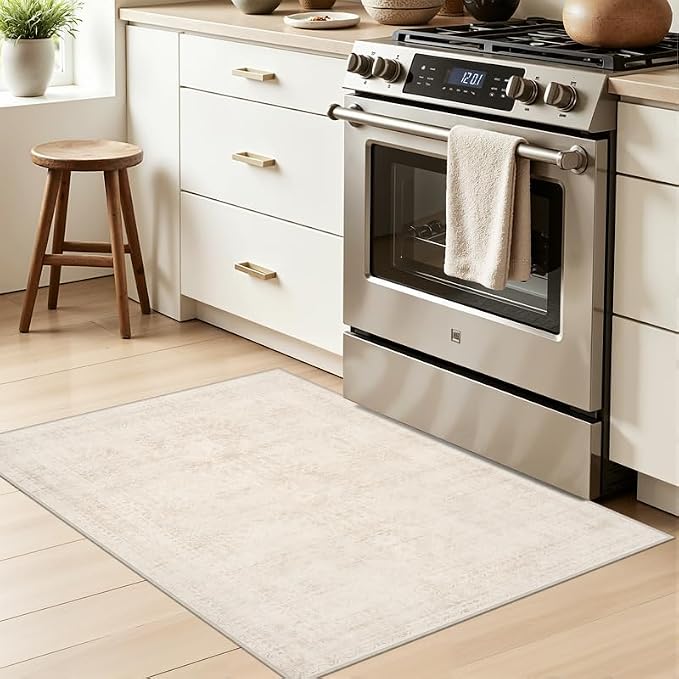 Machine Washable Area Rugs 2x3: Vintage Boho Neutral Washable Rug Indoor Soft Small Entryway Throw Carpet for Living Room Bedroom Kitchen Laundry Floor Non-Slip Low Pile Entrance Rug Beige