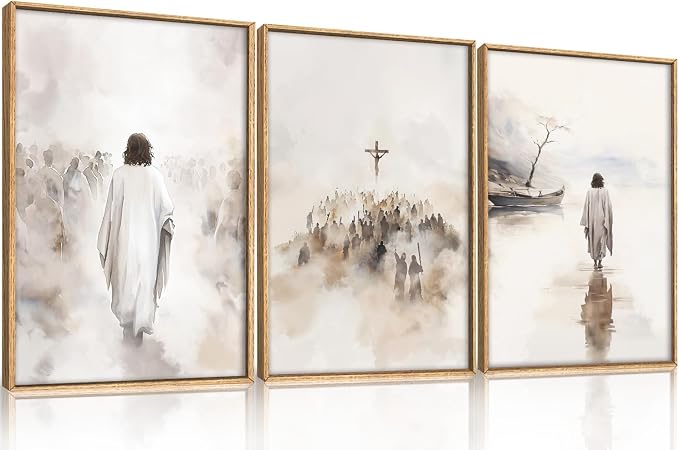 ARYROI Jesus Christ Walking On Water Framed Canvas Wall Art Set,Religious Christian Biblical Scenes Landscape Wall Decor,Watercolor Neutral Faith Scripture Cross Artwork for Living Room,Prayer Room,Church-16"x24"x3