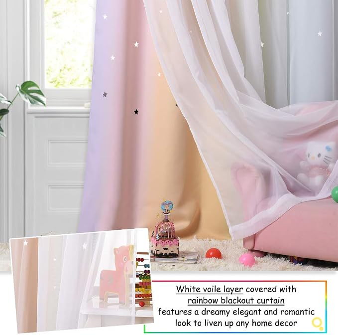 NICETOWN Star Curtains for Girls Bedroom - Double Layer Sheer Overlay for Kids Room Decor Princess Star Hollow Out Rainbow Curtains for Nursery Living Room, 52" W x 90" L, 2 Pieces