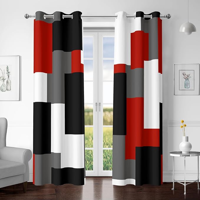 Tyrot Red Black 100% Blackout Curtains for Bedroom 72 inch Length 2 Panels Set White Grey Modern Abstract Geometric Black Out Curtains Insulated Room Darkening Window Drapes for Living Room, 42Wx72L