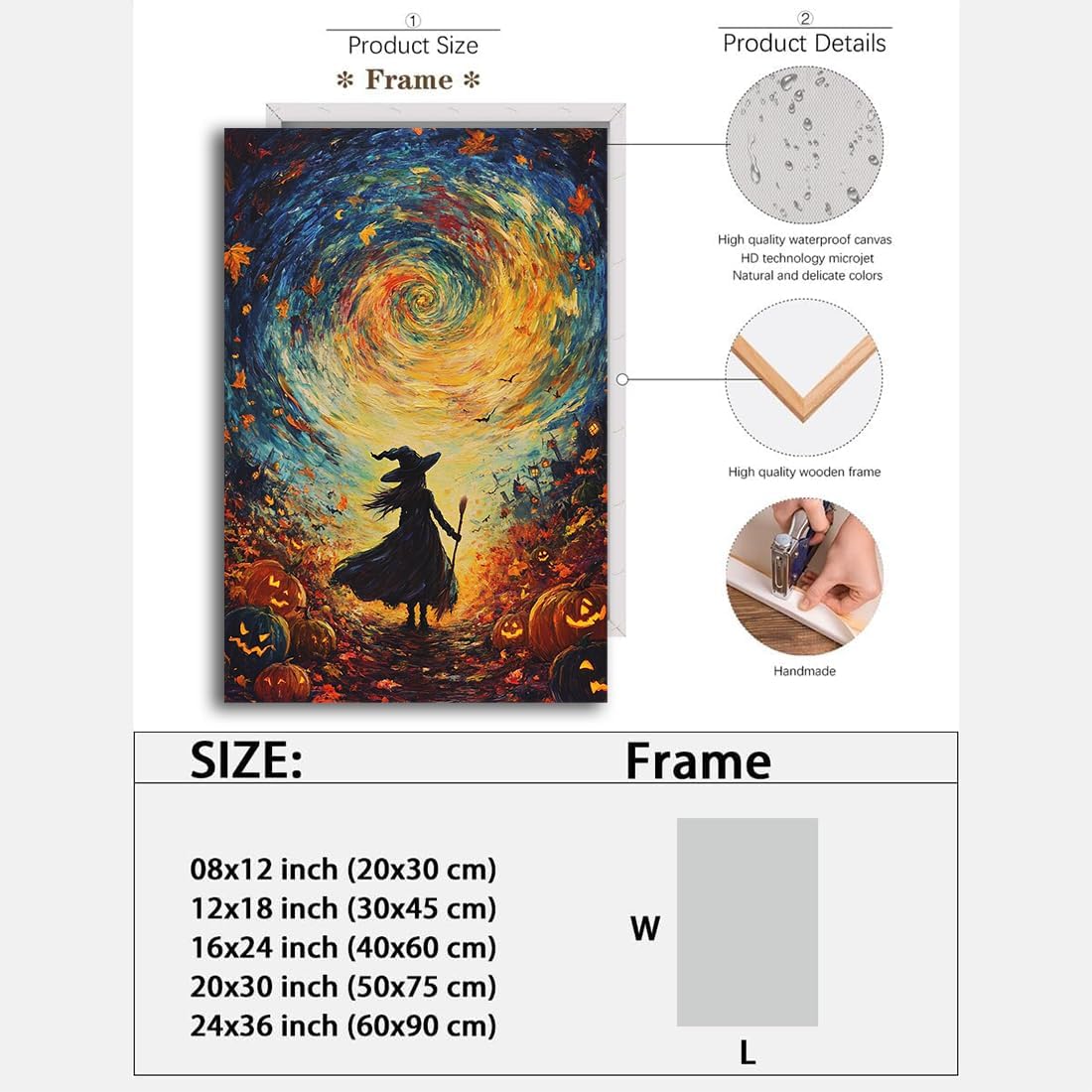 Halloween Autumn Witchy Decor Wall Art Prints,Gothic Witch in Whirlwind Autumn with Pumpkins Scene Pictures Poster,Fall Festival Home Decor Painting Canvas Poster for Bedroom Bathroom,16"x24" Framed