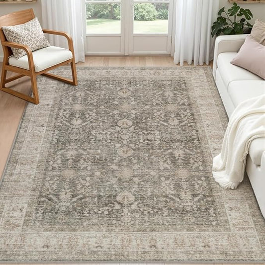 6x9 Area Rugs for Living Room: Vintage Boho Neutral Washable Rug Indoor Soft Large Area Rug Carpet for Bedroom Nursery Farmhouse Dining Room Office Floor Non-Slip Low Pile Under Table Rug Warm Taupe