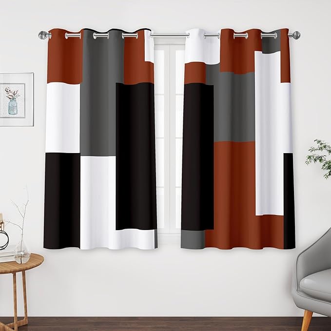 Tyrot Burnt Orange 100% Blackout Curtains for Bedroom 45 inch Length 2 Panels Set Grey Modern Abstract Geometric Fall Black Out Curtains Insulated Room Darkening Window Drapes for Living Room, 52Wx45L