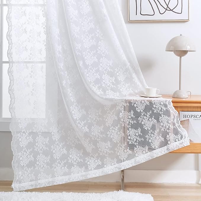 YJ YANJUN Vintage Lace Curtains 72 Inches Long- Victorian Floral Pattern White Sheer Curtain Panels for Patio Door Living Room Bedroom,Light Filtering, French Country Drapes 2 Panels 52W x 72L