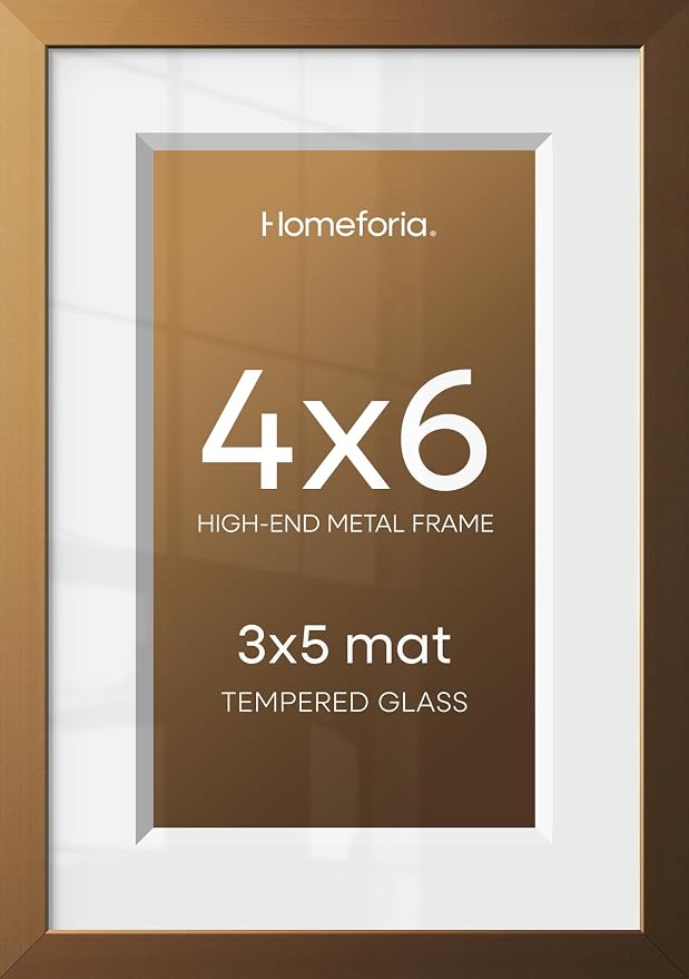 Homeforia 4x6 Picture Frame Bronze, High End Metal 4 x 6 Brass Frames with Mat 3 x 5 for Art, 4x6 Desk Frame Matted to 3x5 inch Photo, 4 by 6 Wall or Tabletop Frame, Tempered Glass, Wall Kit, Set of 1