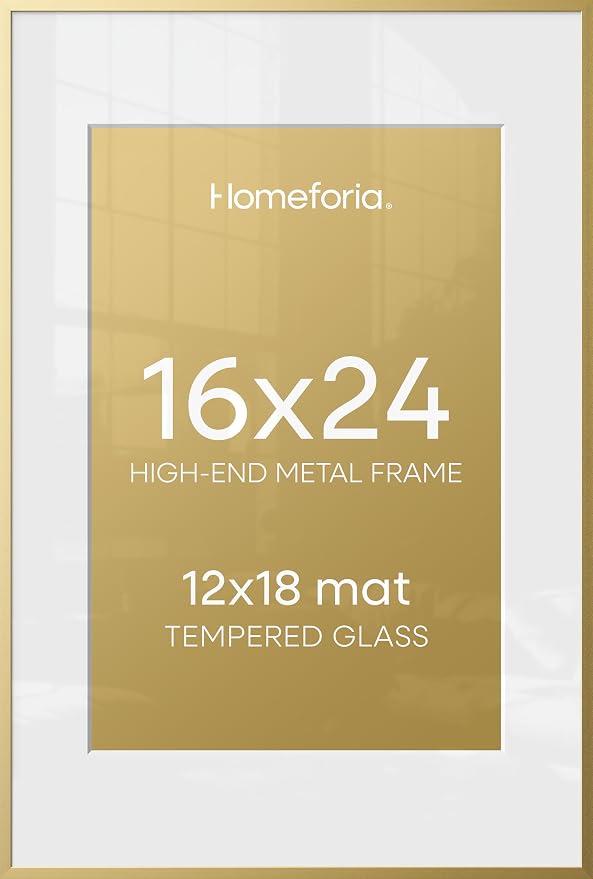 Homeforia 16 x 24 Picture Frame Gold, High End Metal 16x24 Poster Frames with Mat 12x18 Photo, 16 x 24 Gold Frame Matted to 12 by 18 Print, 24x16 Thin Hanging Frame, Tempered Glass, Wall Kit, Set of 1