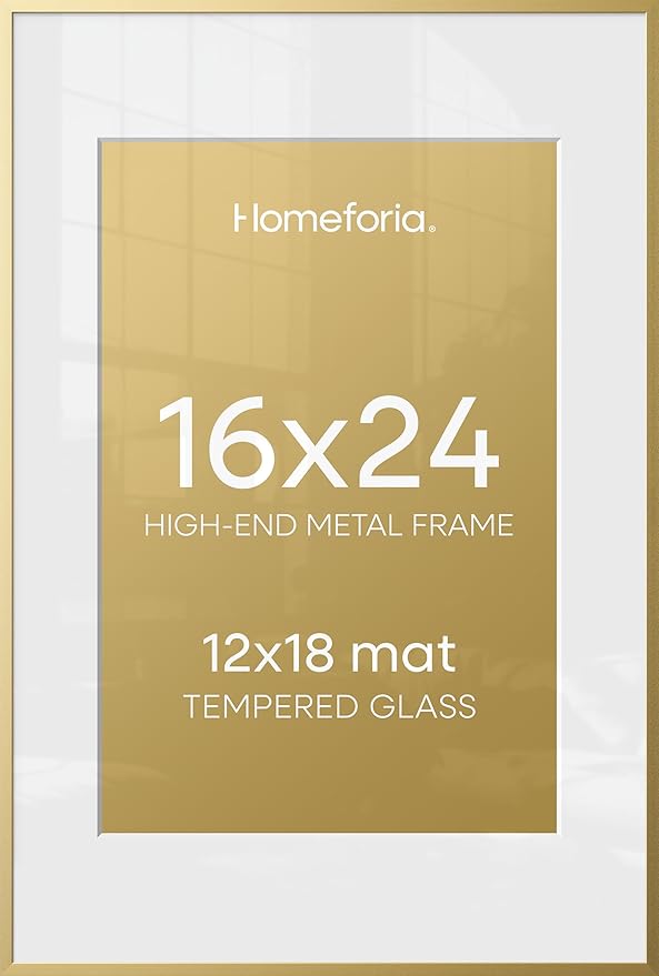 Homeforia 16 x 24 Picture Frame Gold, High End Metal 16x24 Poster Frames with Mat 12x18 Photo, 16 x 24 Gold Frame Matted to 12 by 18 Print, 24x16 Thin Hanging Frame, Tempered Glass, Wall Kit, Set of 2