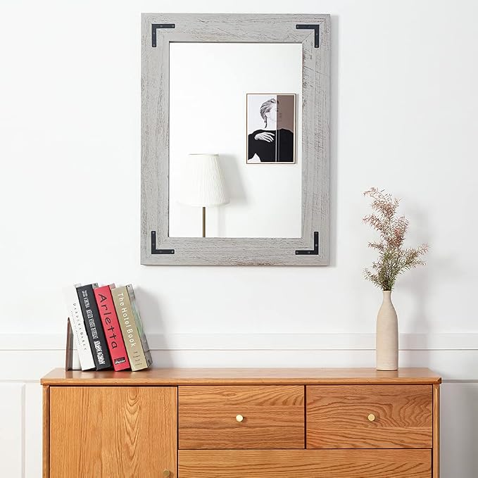 YOSHOOT Rustic Wooden Framed Wall Mirror, Natural Wood Bathroom Vanity Mirror for Farmhouse Decor, Vertical or Horizontal Hanging