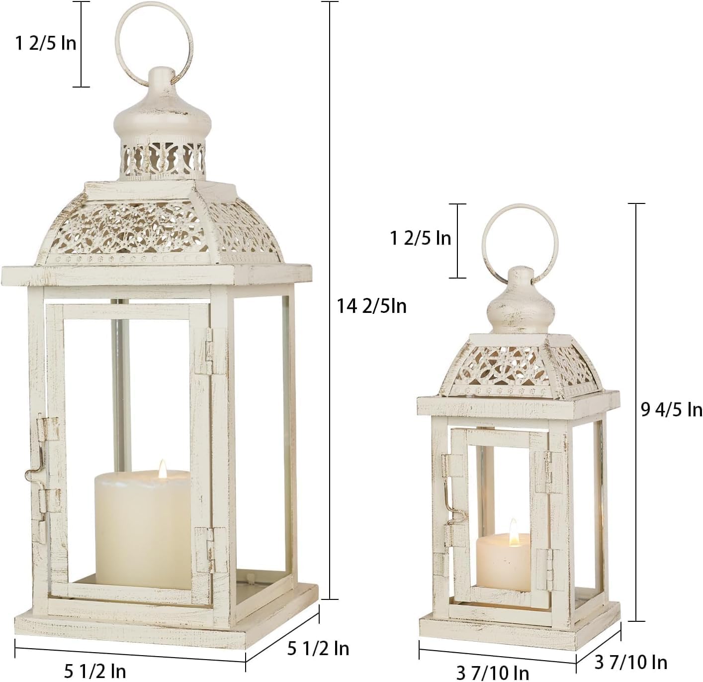 DECORKEY Large Lantern Decorative Outdoor & Indoor, Set of 2 (14’’&10’’) Metal Candle Lanterns Decor, Vintage Hanging Candle Holder for Front Porch Patio Wedding Farmhouse Home, Spring Decoration