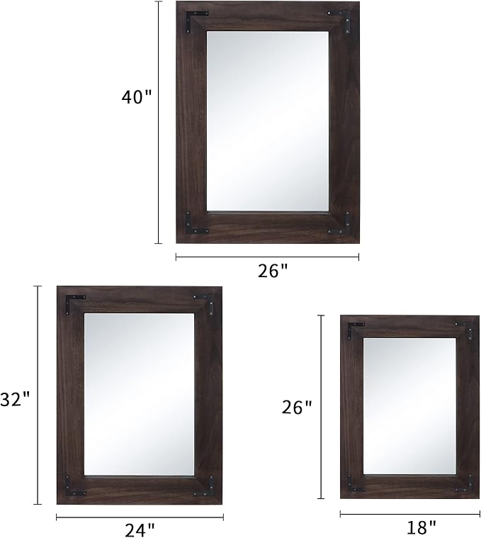 YOSHOOT Rustic Wooden Framed Wall Mirror, Natural Wood Bathroom Vanity Mirror for Farmhouse Decor, Vertical or Horizontal Hanging, 32" x 24",Black