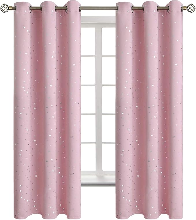 BGment Kids Blackout Curtains for Bedroom - Grommet Thermal Insulated Silver Star Print Room Darkening Curtains for Kids Room, Set of 2 Panels, 42 x 63 Inch, Baby Pink