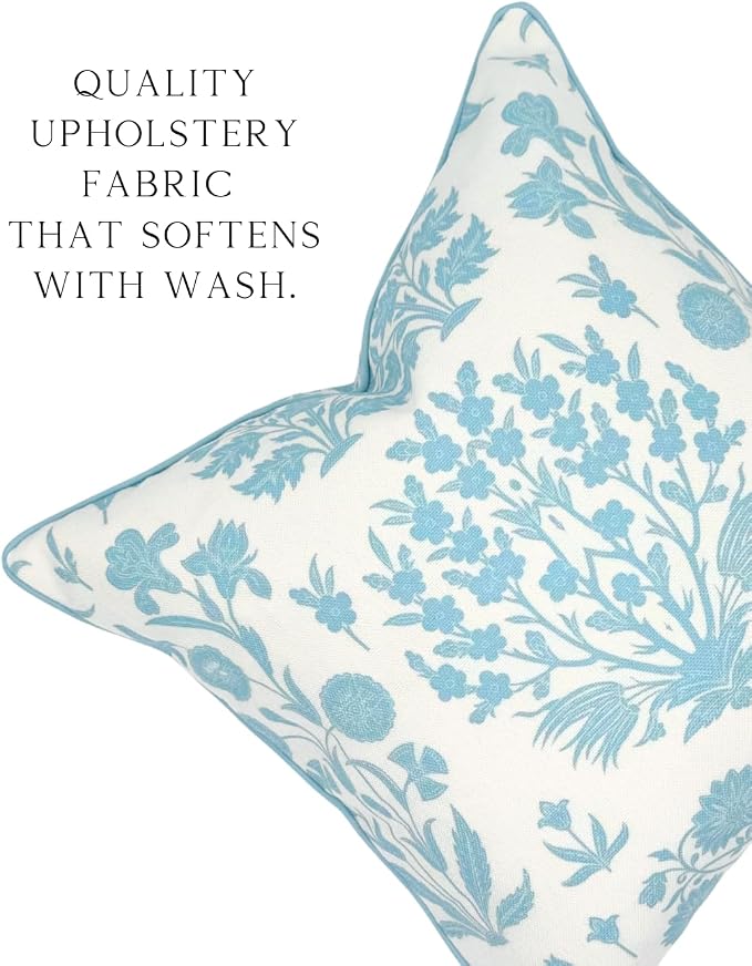 Jillien Harbor “The Charlotte” Bright Sky Blue Floral Block Print Pillow Cover – Off-White Decorative Throw Pillow Cover – Grandmillennial Home Decor, 20" x 20"