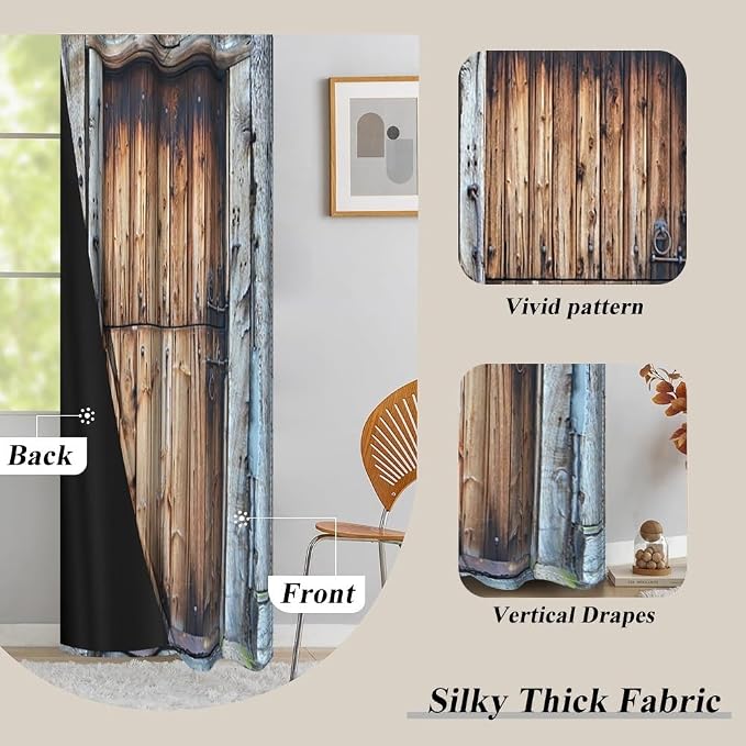 Rustic Barn Door Window Curtains Vintage Dilapidated Wooden Door Curtains Window Drapes for Living Room Bedroom Rural Farmhouse Farm Kitchen Window Treatment,53x96 inch,2 Panels
