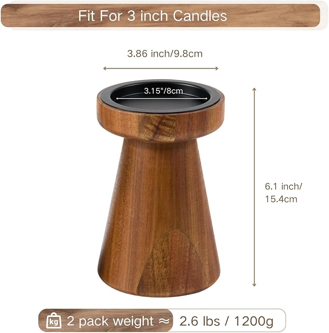 Acacia Wood Candle Holders for Pillar Candles, Vintage Rustic Tall Modern Farmhouse Decor, Decorative Wooden Candlestick Stand for Fireplace Mantel, Table Centerpiece