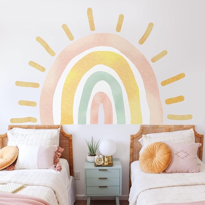 Large Fabric Watercolor Boho Half Sun Wall Decals Peel and Stick, Rainbow Wall Murals Stickers, Pastel Sunrise Wall Art Decor for Kids Room Playroom Nursery Bedroom, 94.49" x 62.60"